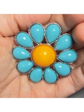 Flower Brooch Turquoise Blue Cabochon Daisy Gold Tone Statement Pin 2"